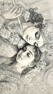 Radha Krishna Graphite Duet Canvas Wall Art 3x4 Feet – Floating Frame – Premium Digital Canvas Print – Living Room & Home Spiritual Wall Décor