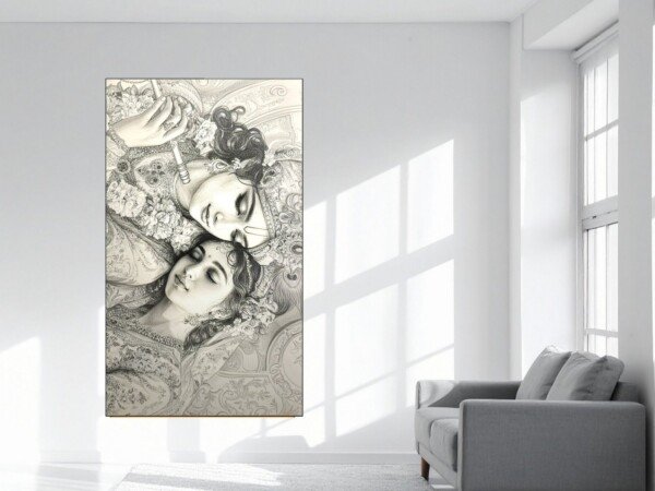 radha krishna graphite duet canvas wall art shown framed on a wall