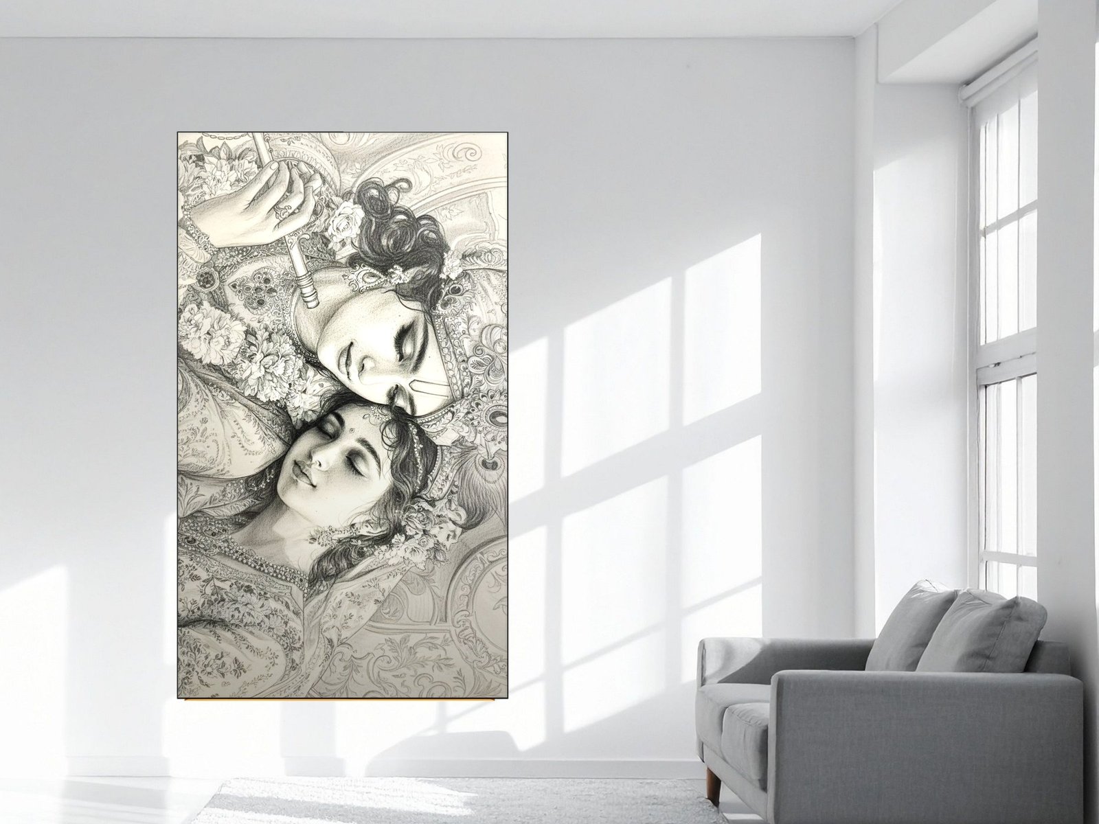Radha Krishna Graphite Duet framed canvas wall art