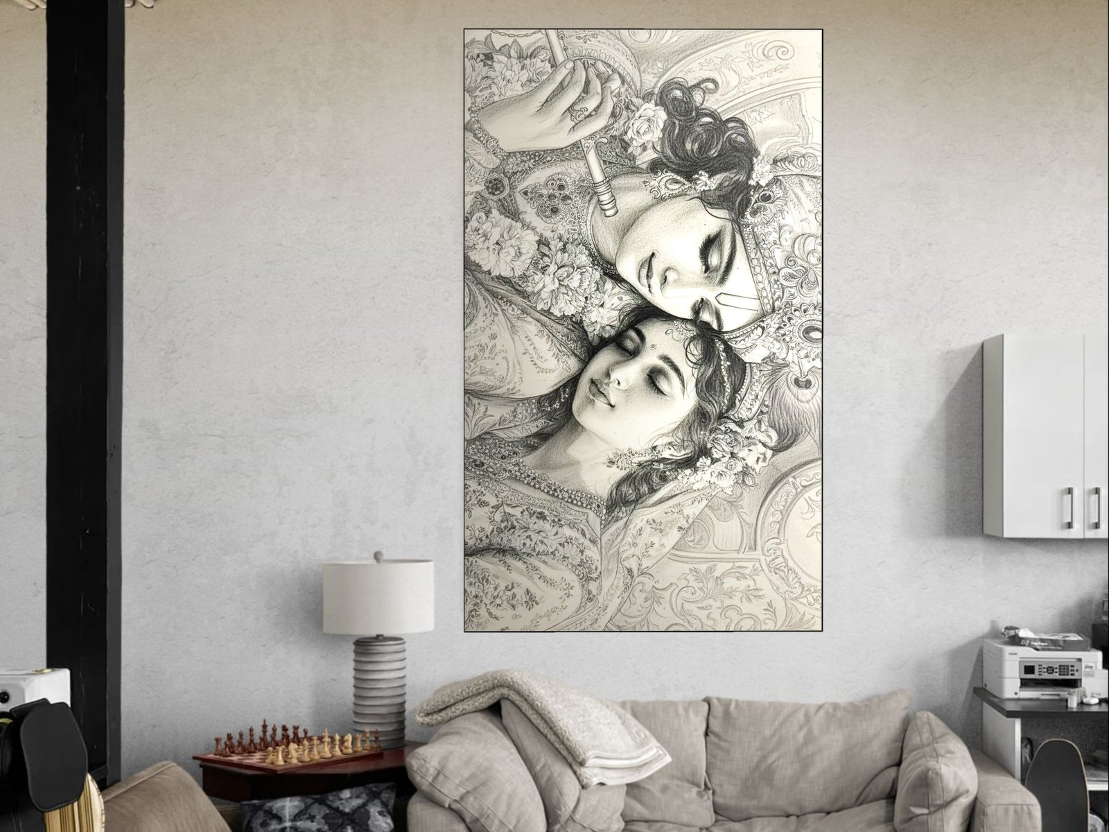 Radha Krishna Graphite Duet canvas wall art placement