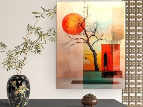 red sun winter tree canvas wall art shown framed on a wall