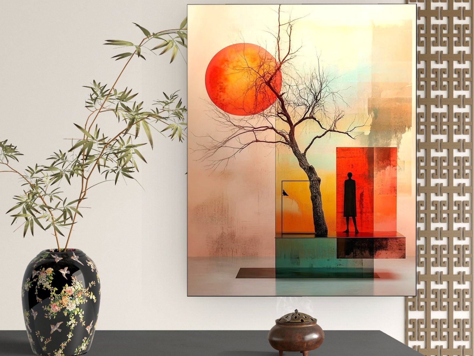 Red Sun Winter Tree framed canvas wall art