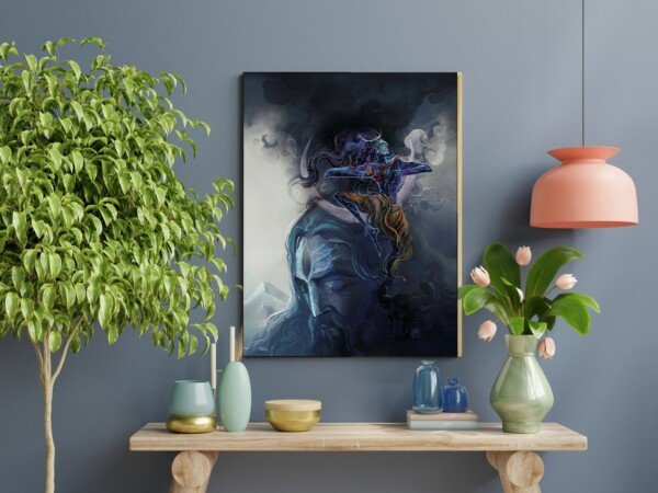 shiva smoke and trident canvas wall art shown framed on a wall