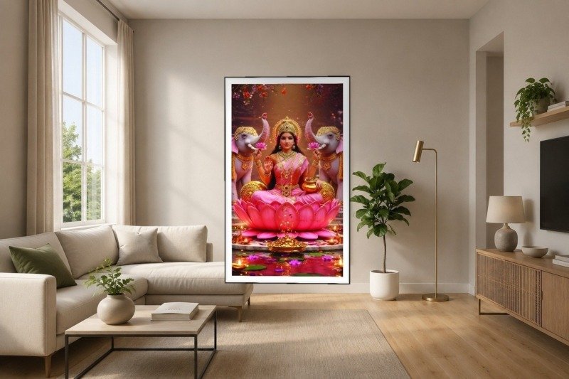Lakshmi with Elephants Canvas Wall Art 3×4 Feet – Floating Frame – Premium Digital Canvas Print – Living Room & Home Spiritual Wall Décor