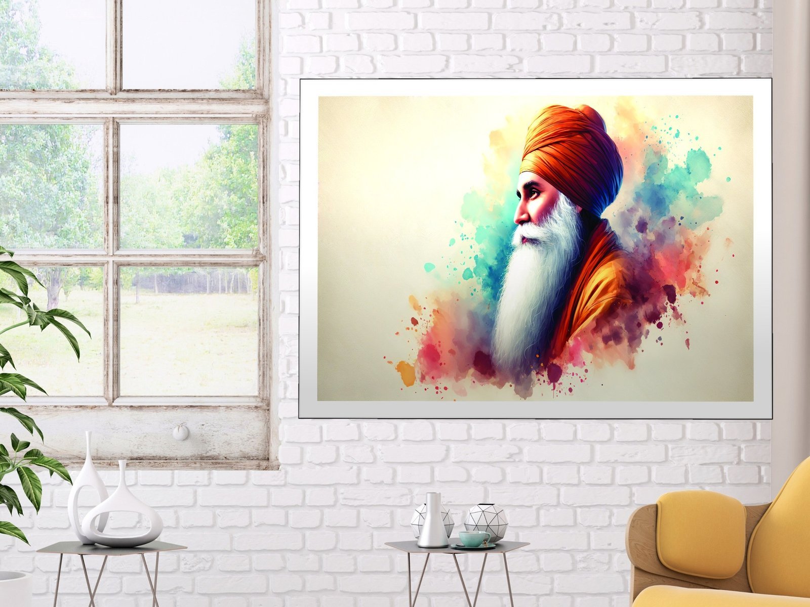 Guru Watercolor Splash Canvas Wall Art 3×4 Feet – Floating Frame – Premium Digital Canvas Print – Living Room & Home Spiritual Wall Décor
