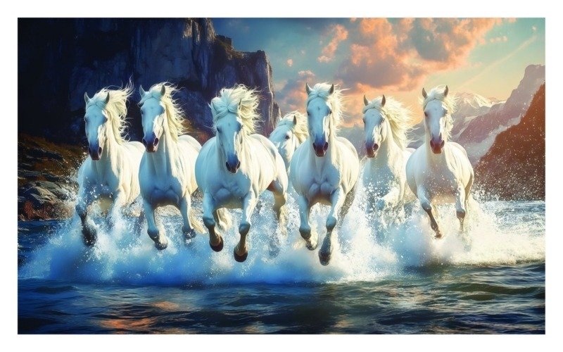 Seven Horses Ocean Run Canvas Wall Art 3×4 Feet – Floating Frame – Premium Digital Canvas Print – Living Room & Home Spiritual Wall Décor