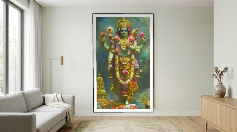 Vishnu Ji Statue Art Canvas Wall Art 3×4 Feet – Floating Frame – Premium Digital Canvas Print – Living Room & Home Spiritual Wall Décor