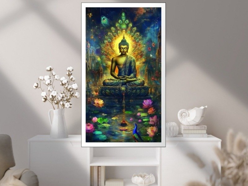 Buddha Lotus Twilight Canvas Wall Art 3×4 Feet – Floating Frame – Premium Digital Canvas Print – Living Room & Home Spiritual Wall Décor