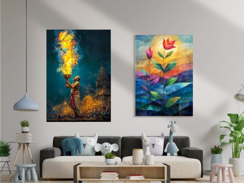 Ganga Aarti Flame Canvas Wall Art 3×4 Feet – Floating Frame – Premium Digital Canvas Print – Living Room & Home Spiritual Wall Décor