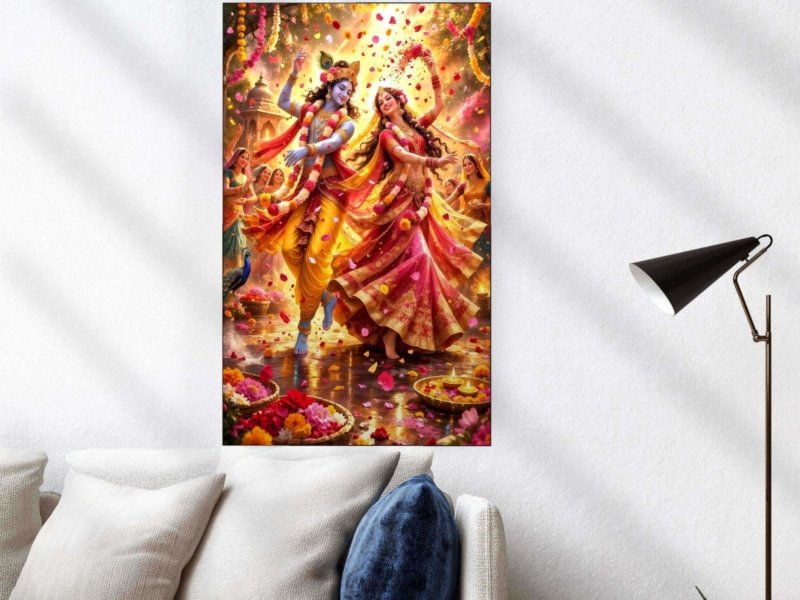 Radha Krishna Petal Dance Canvas Wall Art 3×4 Feet – Floating Frame – Premium Digital Canvas Print – Living Room & Home Spiritual Wall Décor