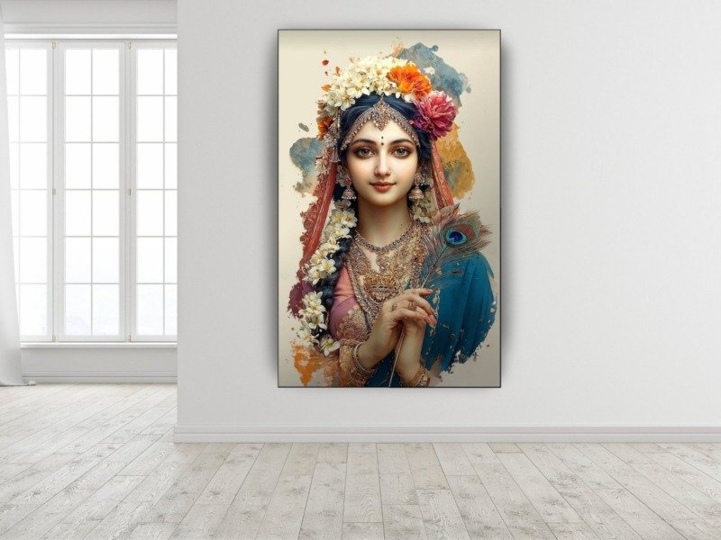 Radha in Bridal Blooms Canvas Wall Art 3×4 Feet – Floating Frame – Premium Digital Canvas Print – Living Room & Home Spiritual Wall Décor