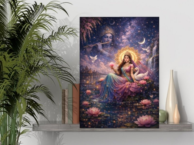 Moonlit Lotus Radha Canvas Wall Art 3×4 Feet – Floating Frame – Premium Digital Canvas Print – Living Room & Home Spiritual Wall Décor