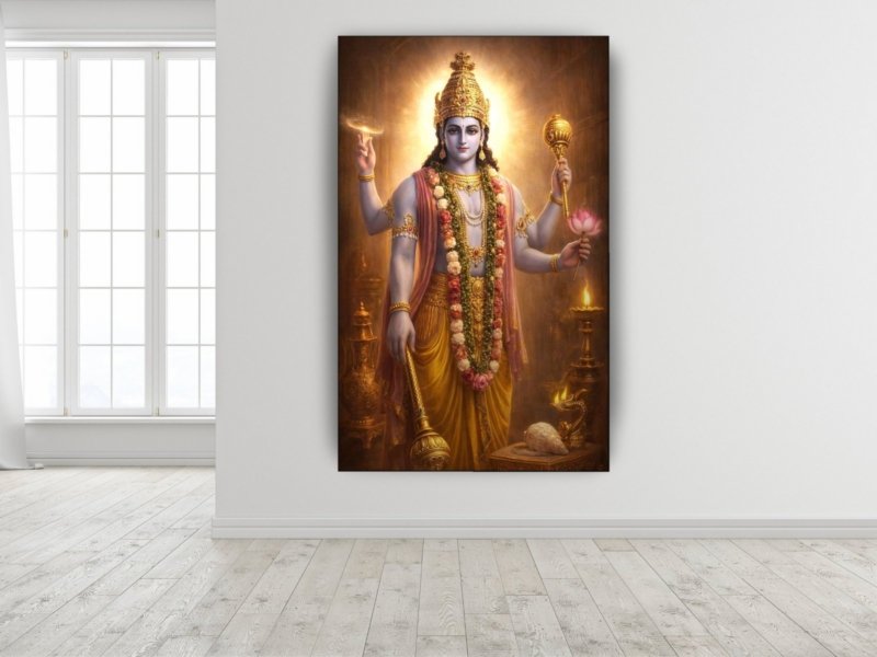 Vishnu in Golden Garlands Canvas Wall Art 3×4 Feet – Floating Frame – Premium Digital Canvas Print – Living Room & Home Spiritual Wall Décor