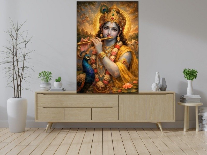 Krishna Peacock Serenade Canvas Wall Art 3×4 Feet – Floating Frame – Premium Digital Canvas Print – Living Room & Home Spiritual Wall Décor