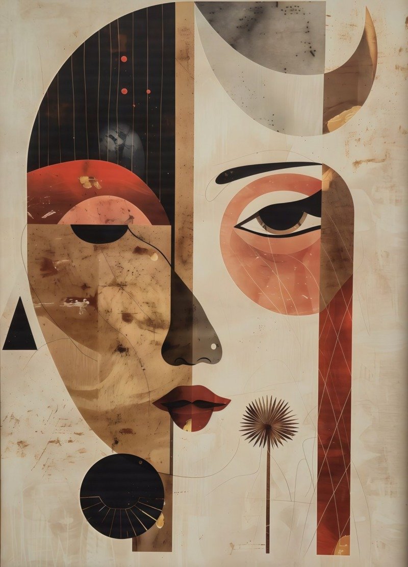 Abstract collage face with one closed and one open eye, red lips, crescent moon and palm frond in terracotta, black and cream