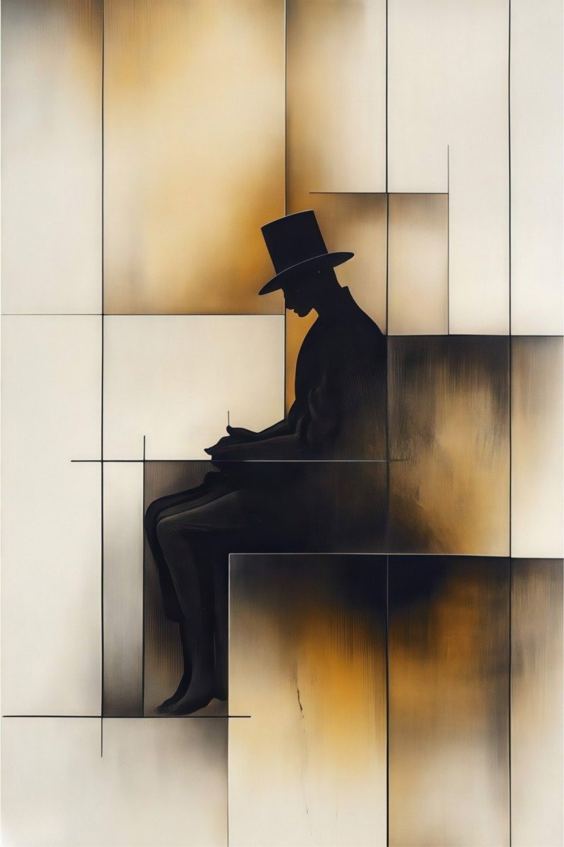 Black silhouette of a seated man in a top hat within abstract cream and amber rectangular panels