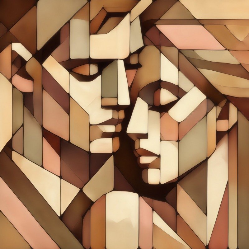 Cubist abstract art of two faces in profile made of geometric shapes in cream, tan and brown