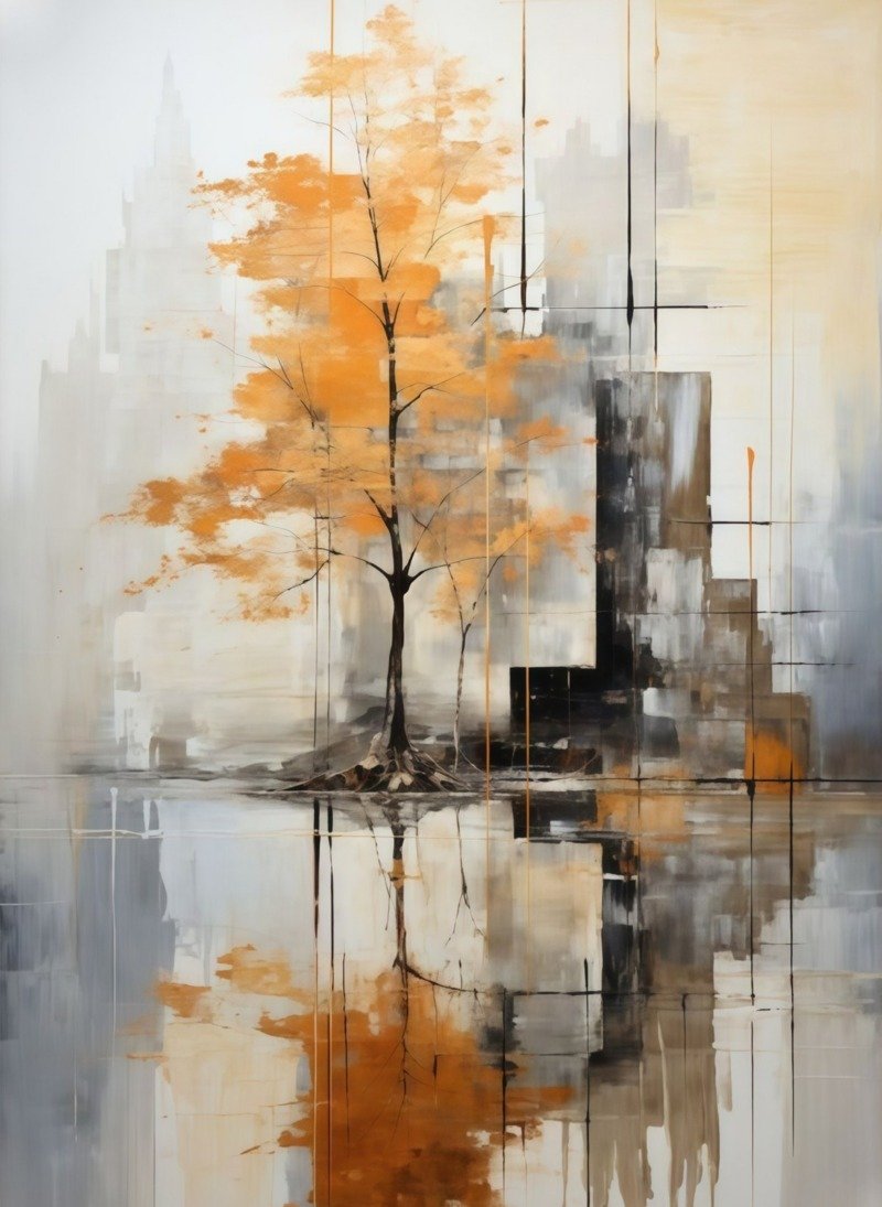 Abstract painting of an orange autumn tree before a misty grey city skyline, reflected in water below.