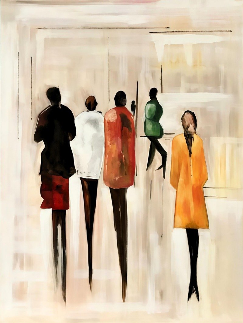 Abstract painting of five elongated figures in black, white, red, green and orange coats on a cream background