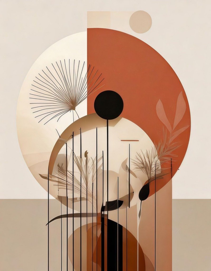 Abstract art with a cream and terracotta split circle, black disc, palm-frond lines and thin vertical stems.