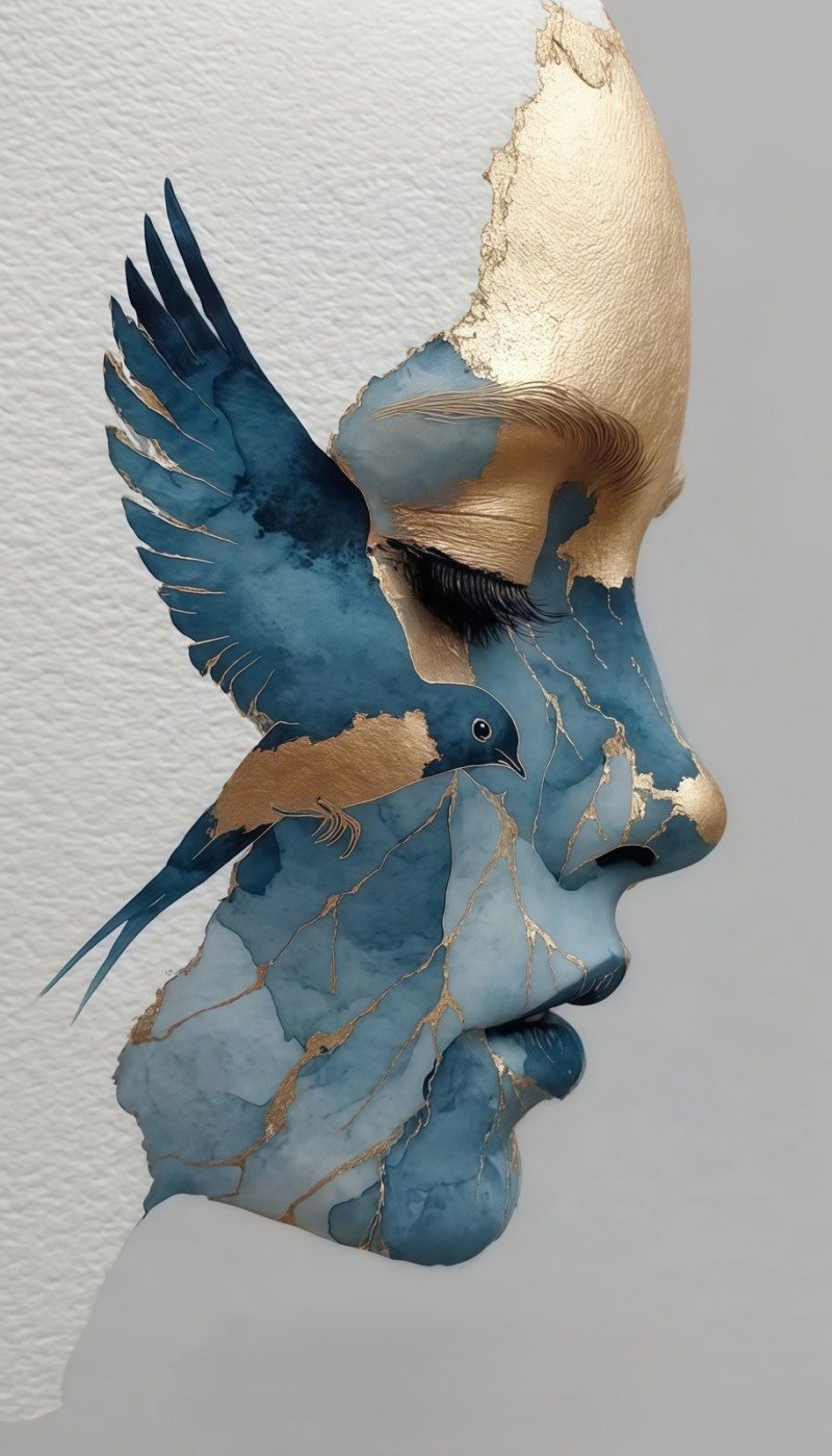 Profile of a woman's face in blue marble with gold cracks and gold leaf, a blue swallow flying from her forehead.