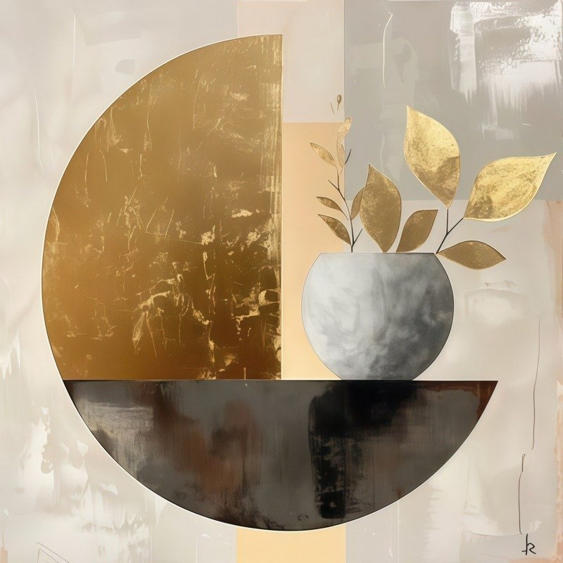 Abstract art of a gold and charcoal circle with a grey vase holding golden leaves on a beige background
