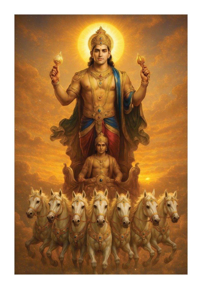 Surya the Sun God with golden halo on a chariot drawn by seven white horses across an orange sky