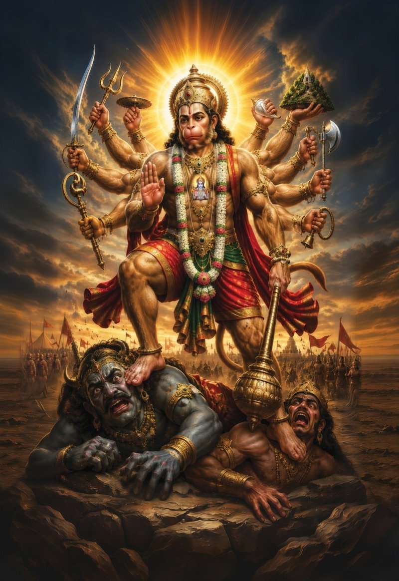 Ten-armed Hanuman with weapons and mountain standing on two demons under a golden sunburst