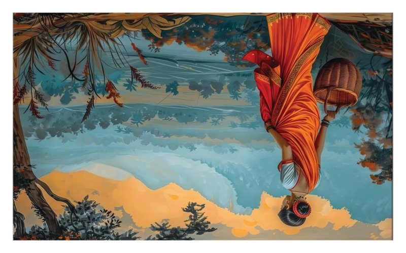Woman in orange saree with a basket gazing over a misty blue valley beneath a golden sky