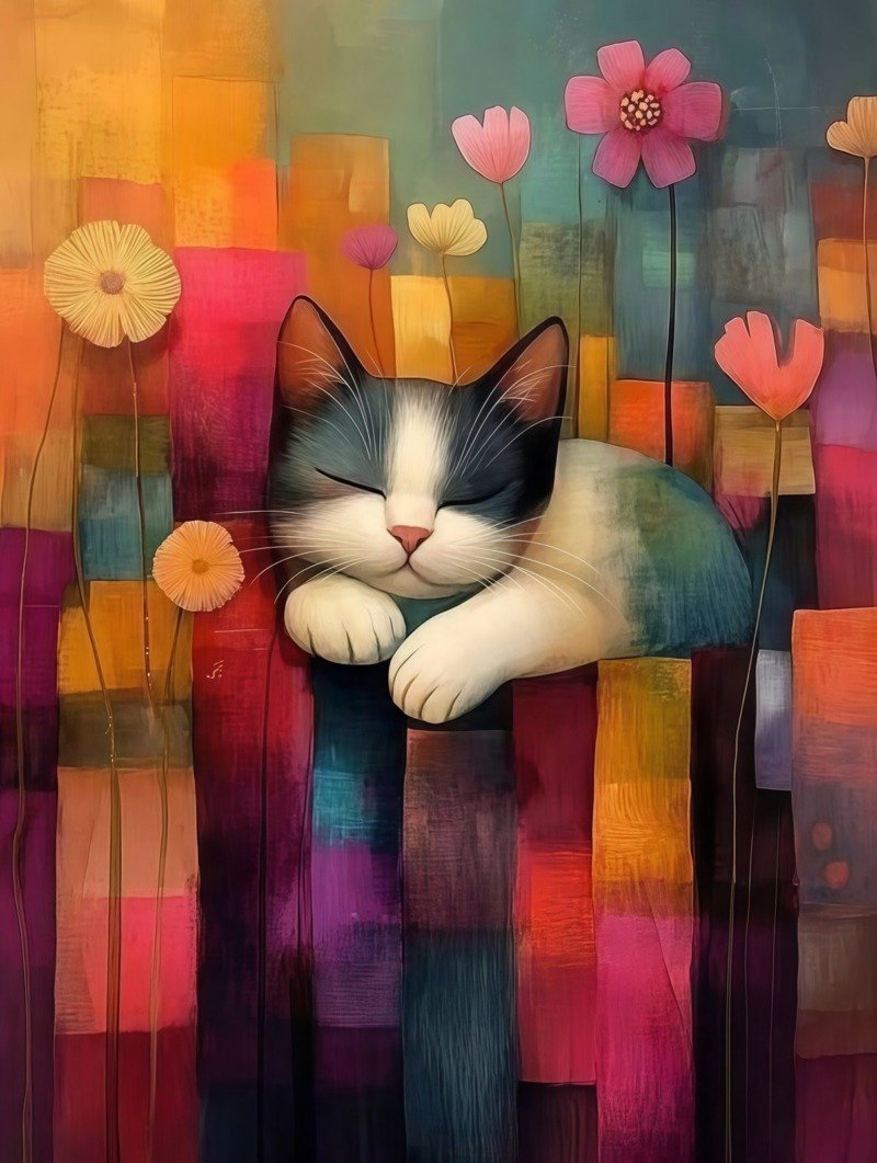 Sleeping black-and-white cat resting on its paws among colourful patchwork stripes and flowers
