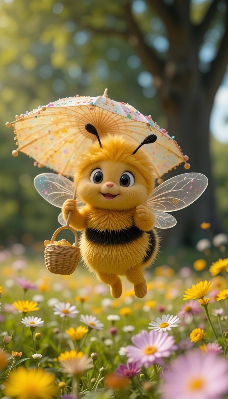 Cute fluffy cartoon bee holding a pastel parasol and a basket, flying over a sunny wildflower meadow