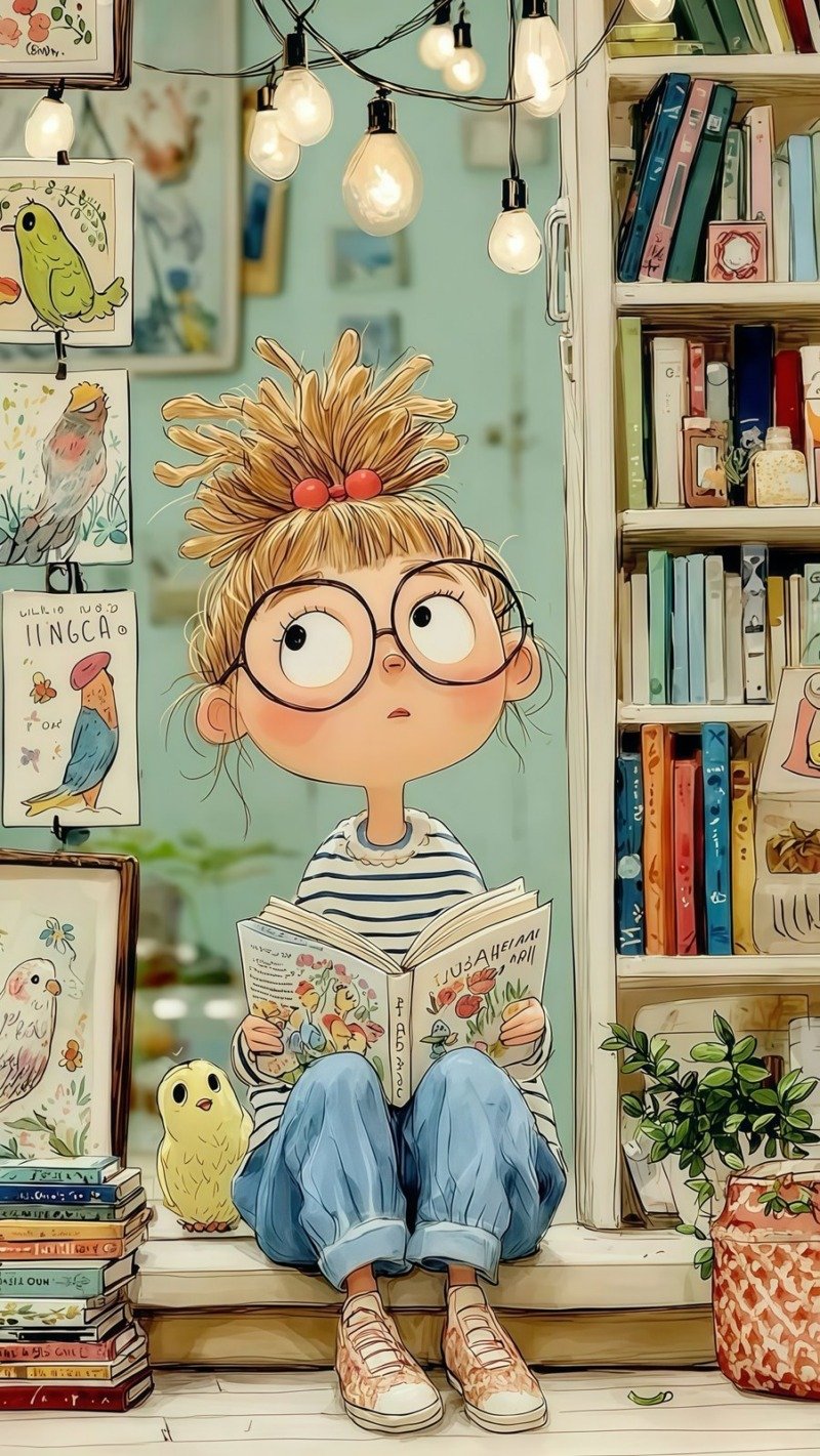 Cartoon girl with glasses reading a picture book on a bookshop step, surrounded by shelves, bird prints and string lights