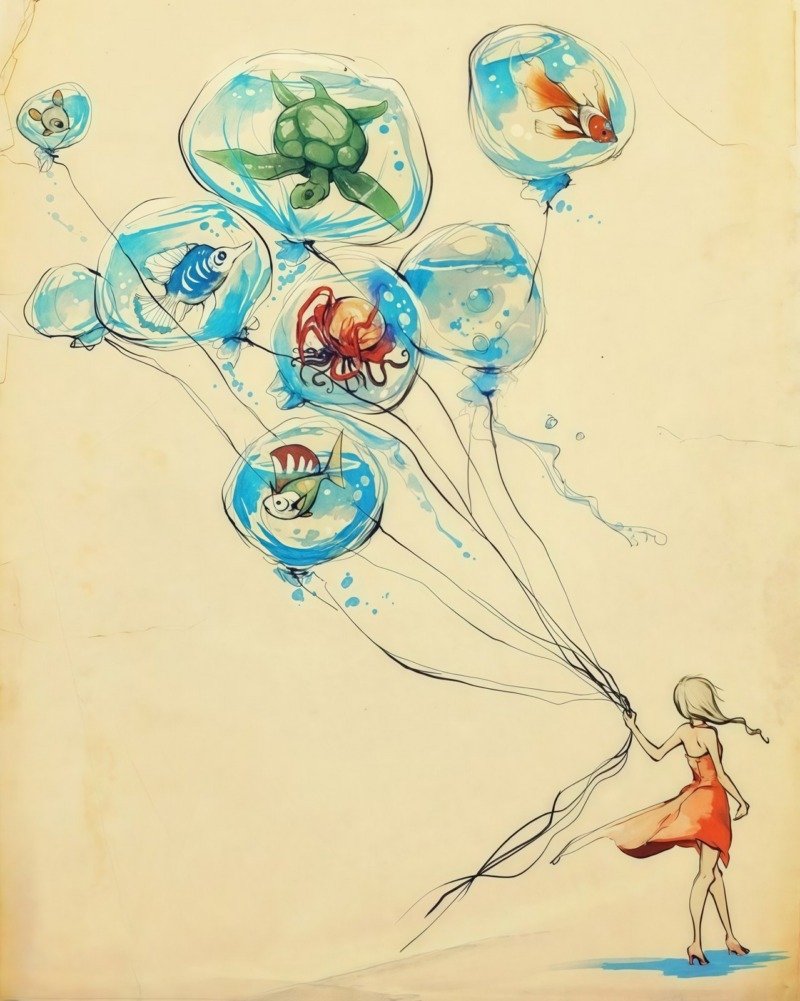 Watercolour girl in red dress holding water-bubble balloons filled with a turtle, goldfish, octopus and fish