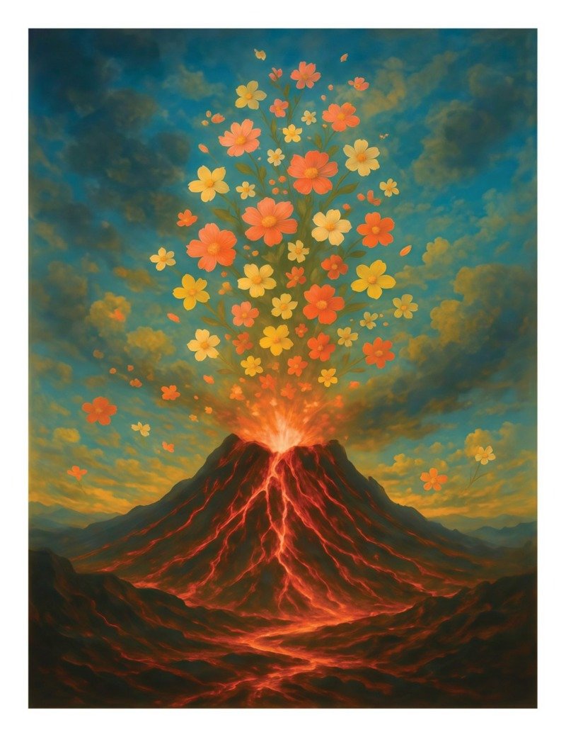 Volcano erupting a cloud of orange, pink and yellow flowers into a blue evening sky