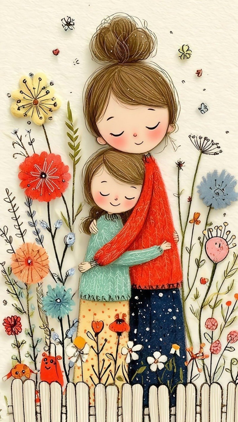 Illustrated mother in red sweater hugging her daughter among tall colourful wildflowers
