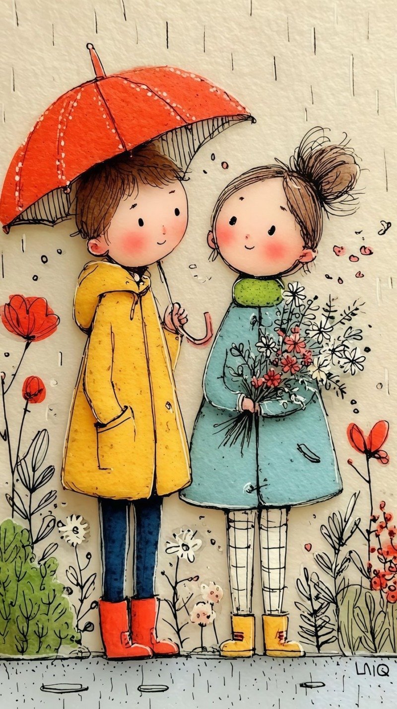 Two cartoon children in the rain, a boy in yellow raincoat holding a red umbrella over a girl with flowers