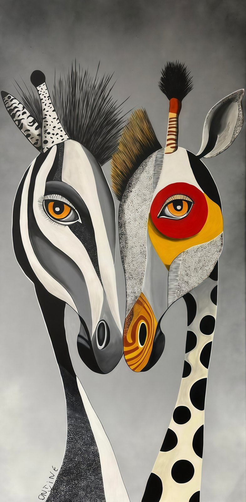Stylised zebra and spotted giraffe touching noses on a soft grey background