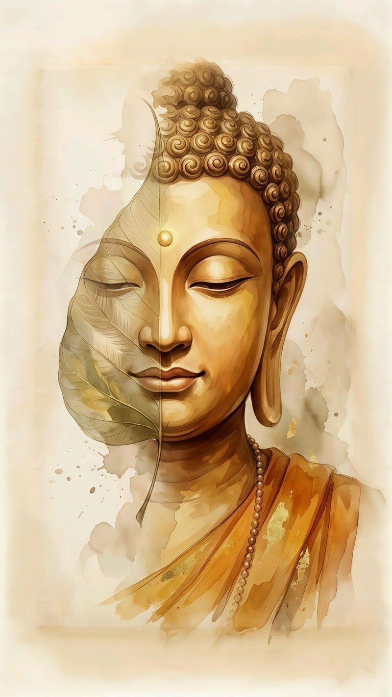 Golden watercolour Buddha face with a translucent bodhi leaf covering half the face on a cream background