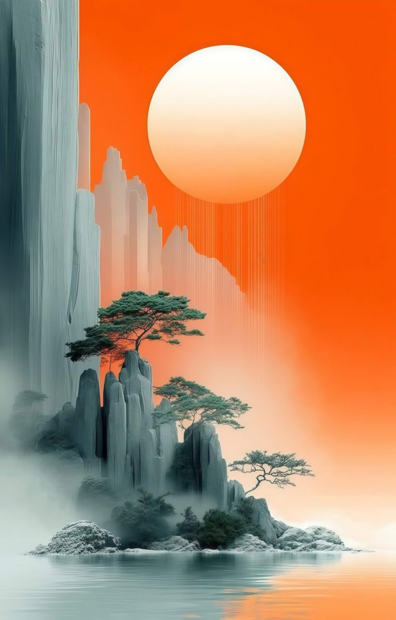 Pale sun in a bright orange sky above misty grey rock pillars with pine trees rising from calm water