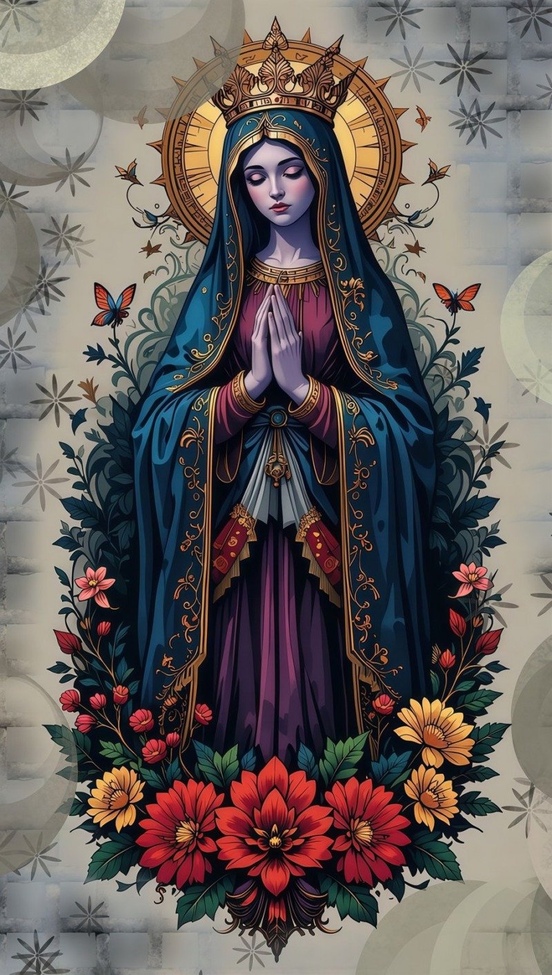 Crowned Virgin Mary in a blue and gold mantle praying with closed eyes, golden halo behind her, flowers and butterflies around