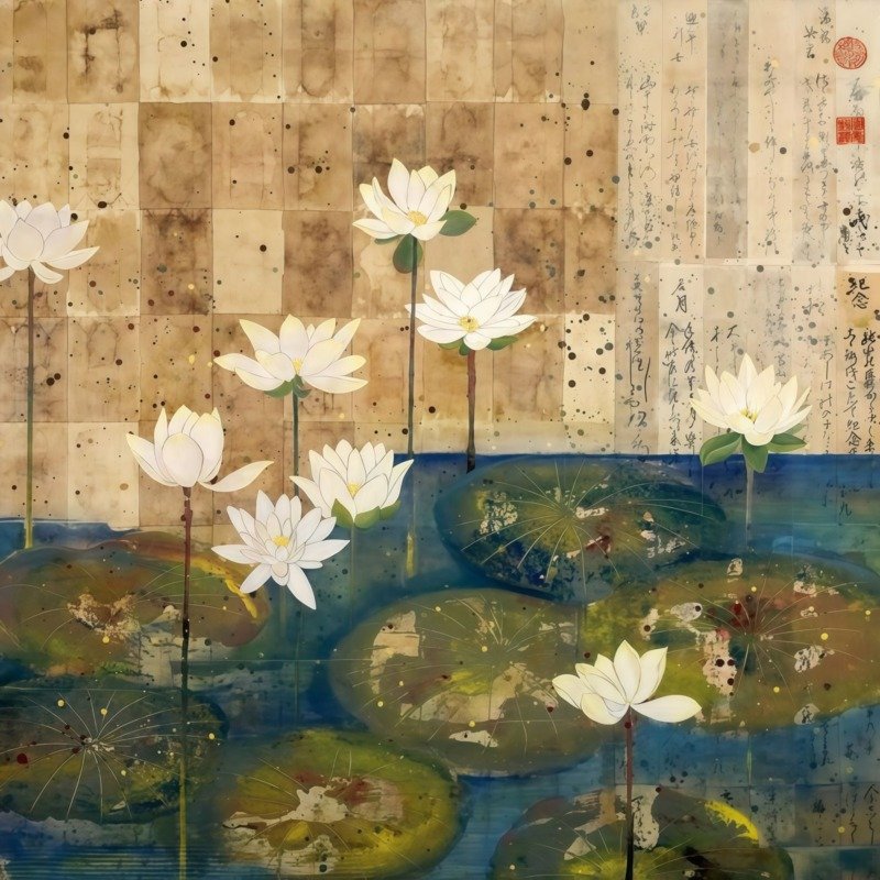 White lotus flowers and lily pads on blue water against aged paper with calligraphy