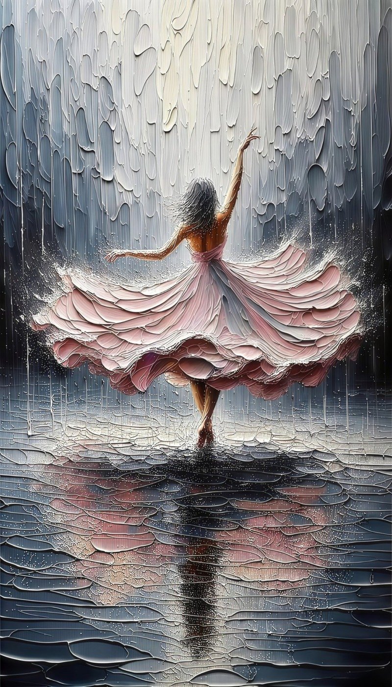 Textured painting of a ballerina in a flowing pink dress dancing in the rain, reflected on wet ground