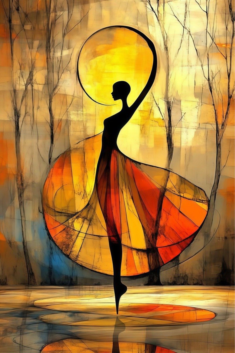 Black ballerina silhouette before a golden sun with a red and orange stained-glass style skirt