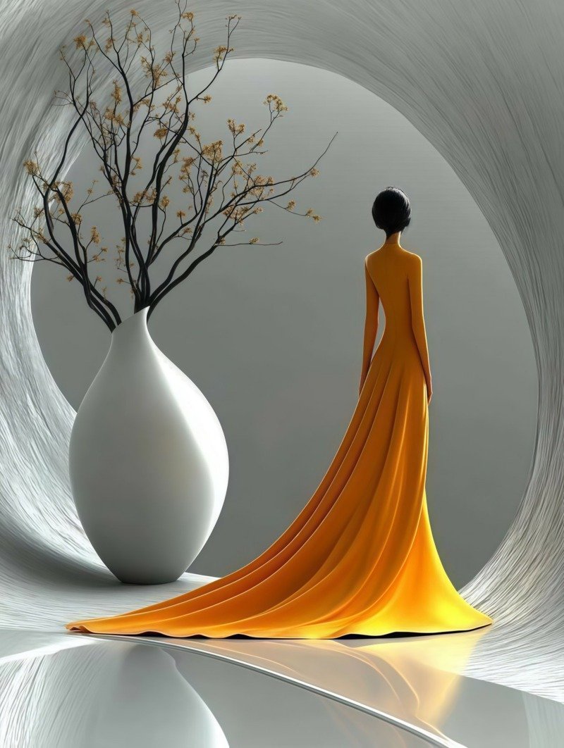 Woman in a long saffron-orange gown seen from behind beside a white vase of blossom branches in a swirling white space
