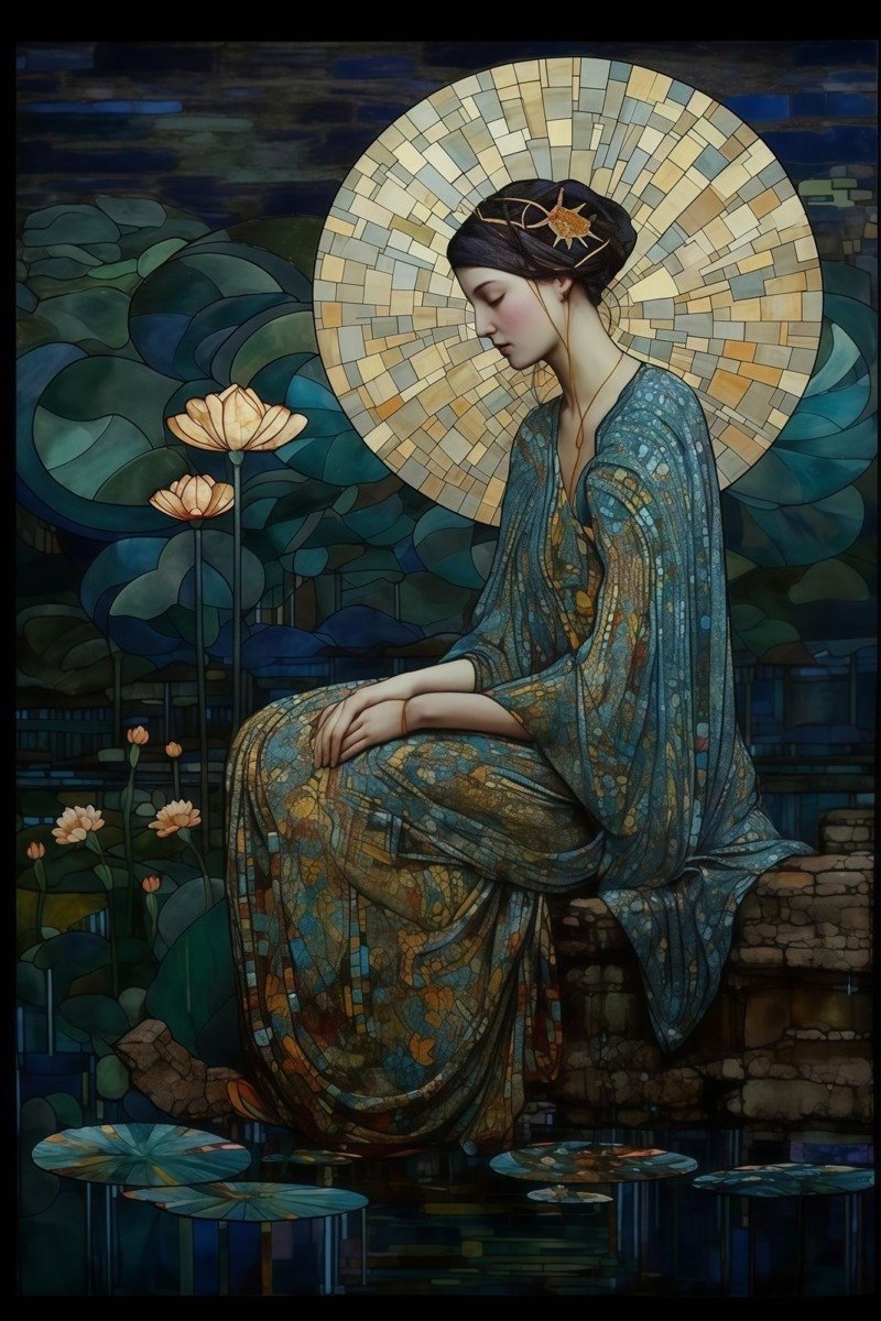 Mosaic stained-glass style woman in a blue and gold robe seated by a lotus pond with a golden disc behind her head
