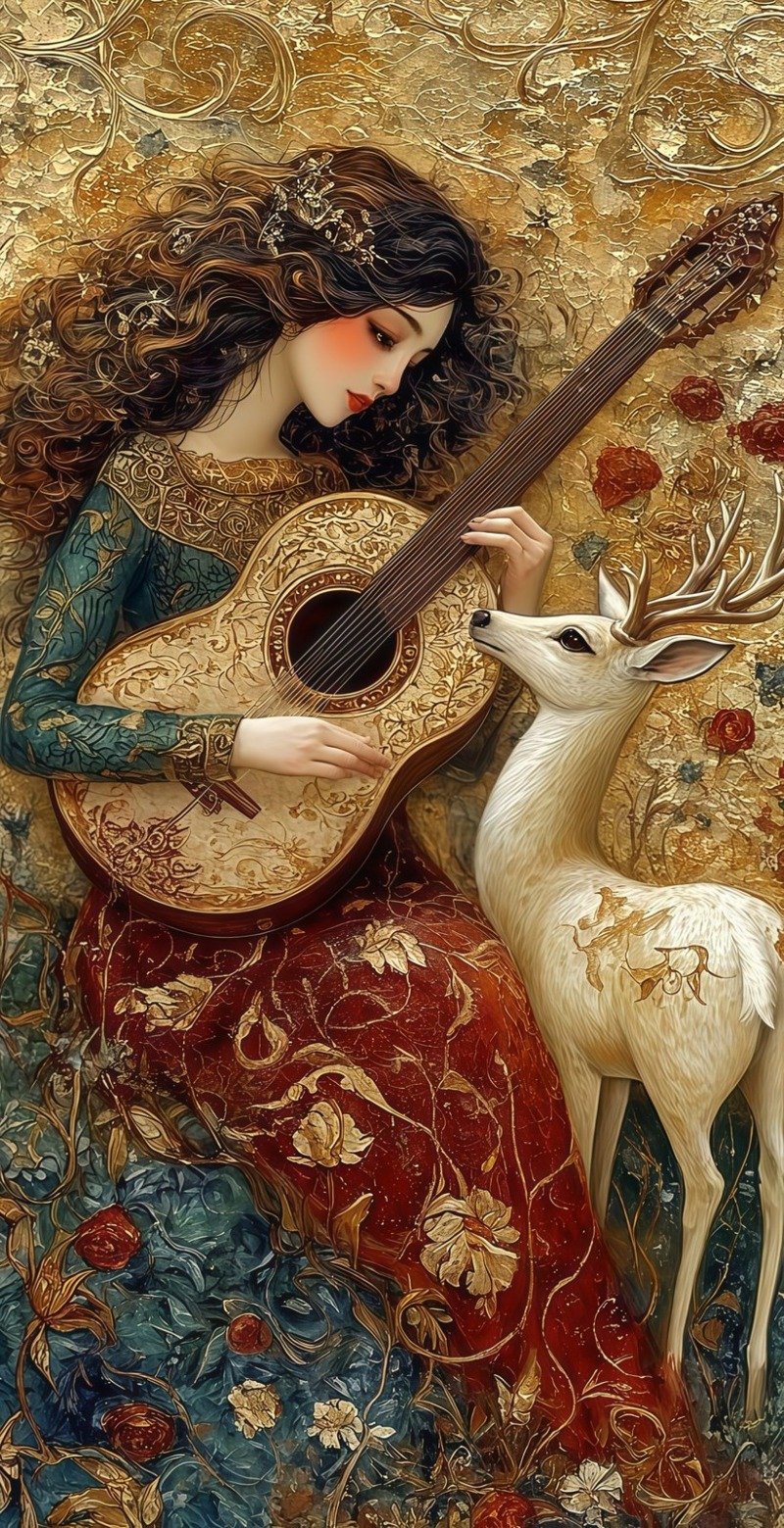 Woman in ornate teal and red gown playing guitar beside a white stag on a gold floral background