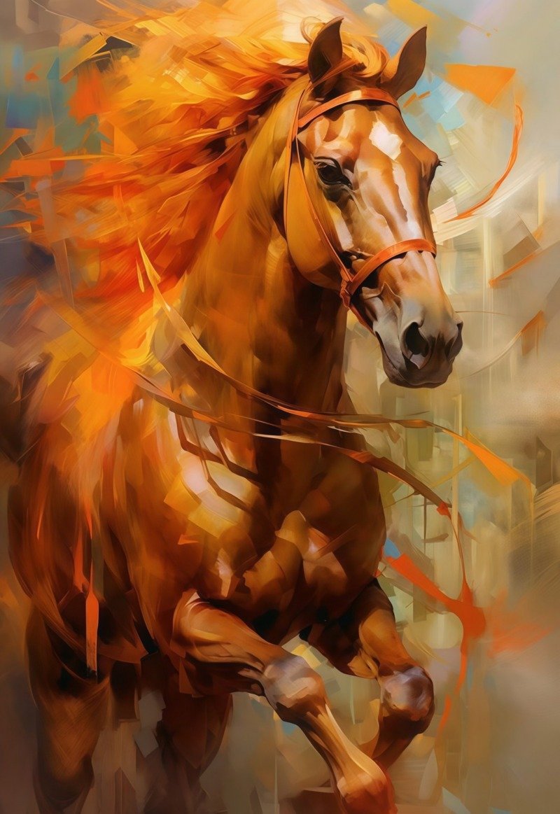 Painterly chestnut stallion galloping forward with a flame-orange mane against abstract olive and sand brushwork