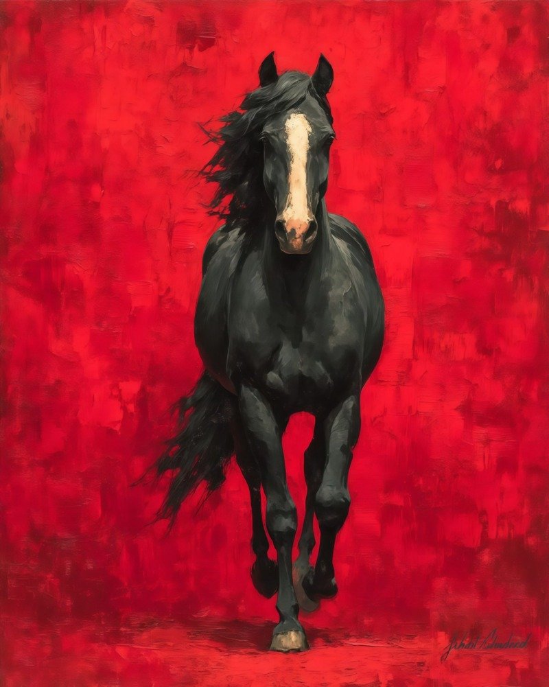 Black horse with white blaze walking forward against a textured red background