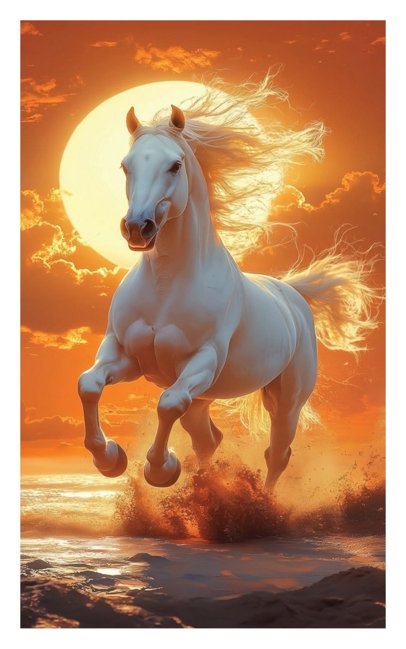 White horse galloping through sea spray toward the viewer, backlit by a huge orange sun and glowing clouds