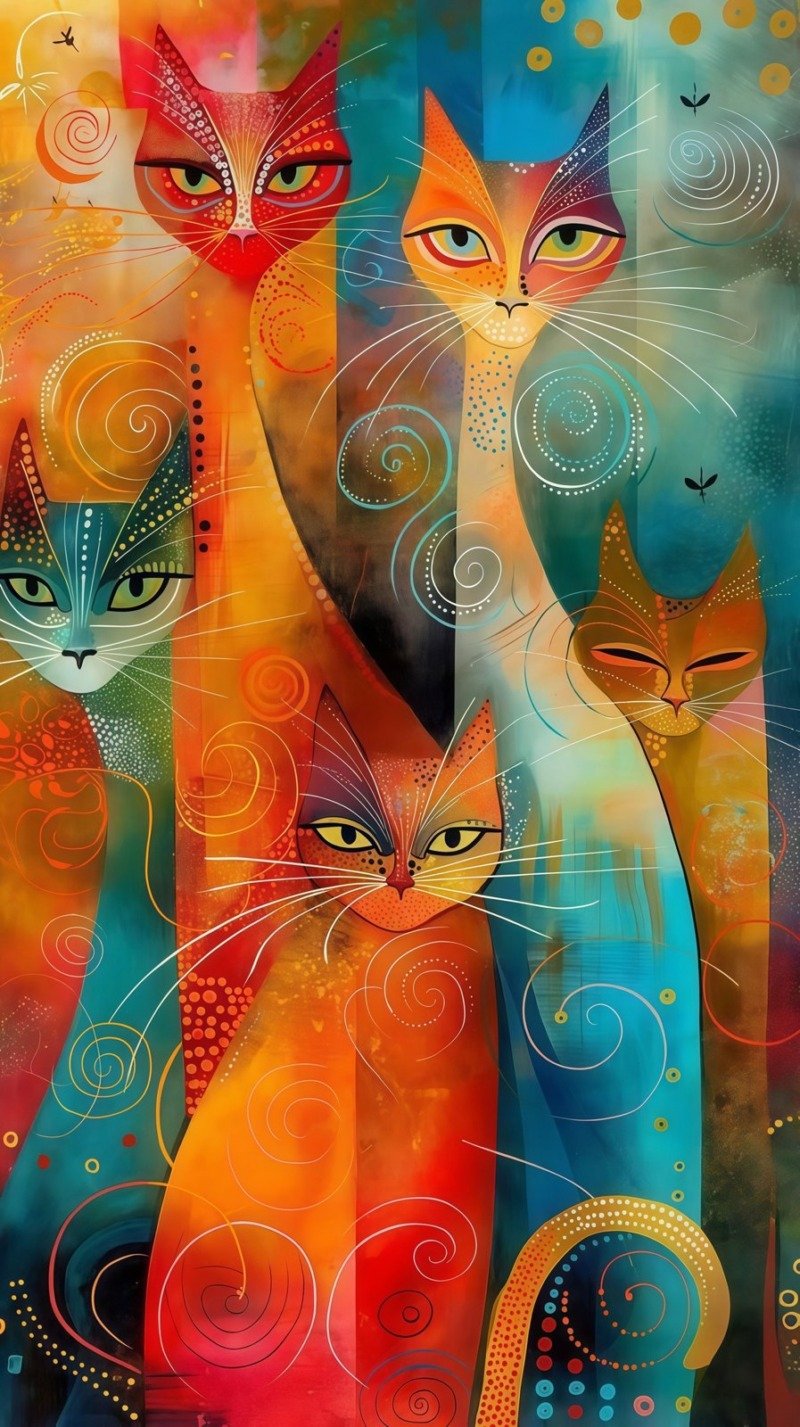 Colourful whimsical painting of five stylised cats with patterned bodies among white spirals on an orange and teal background